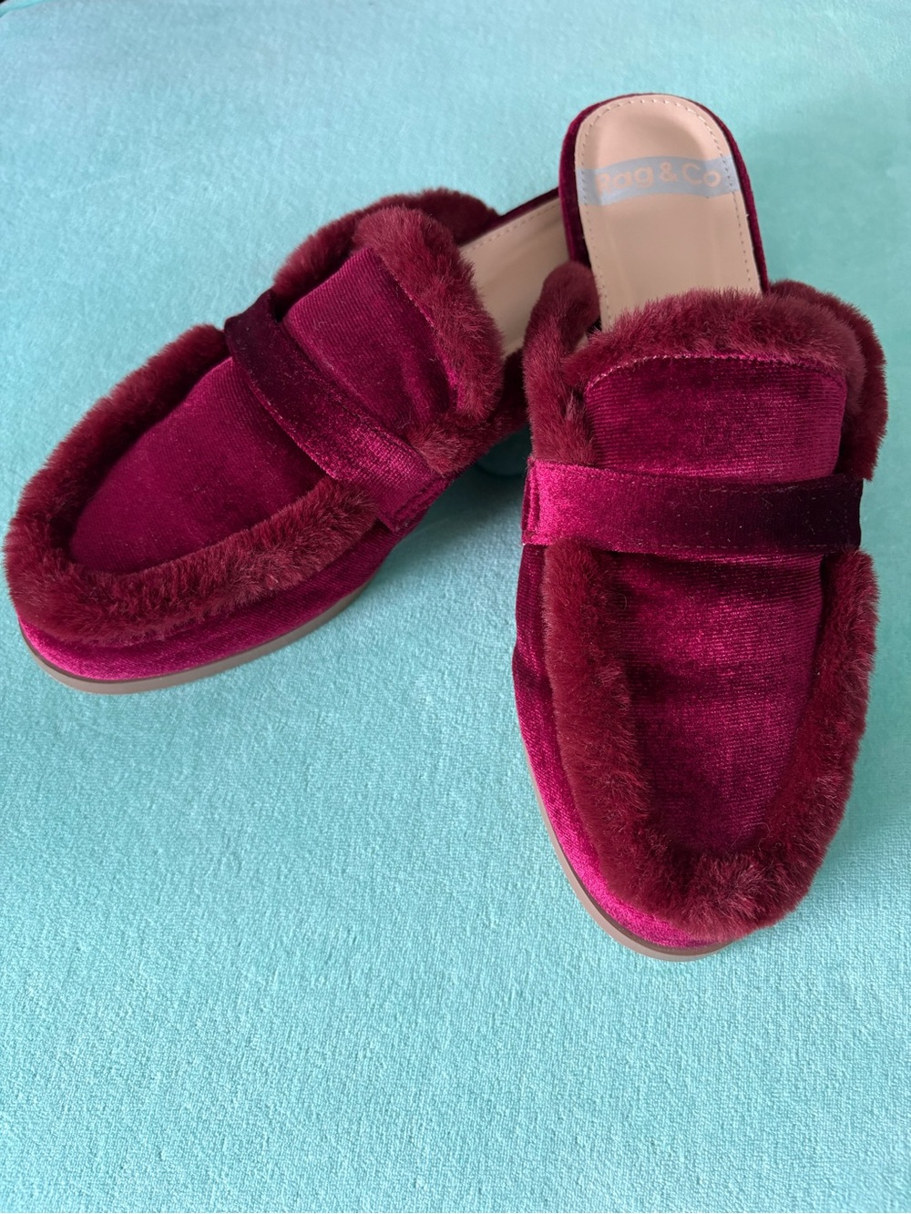 Rag & Co Velvet Faux-Fur Backless Loafers - Burgundy